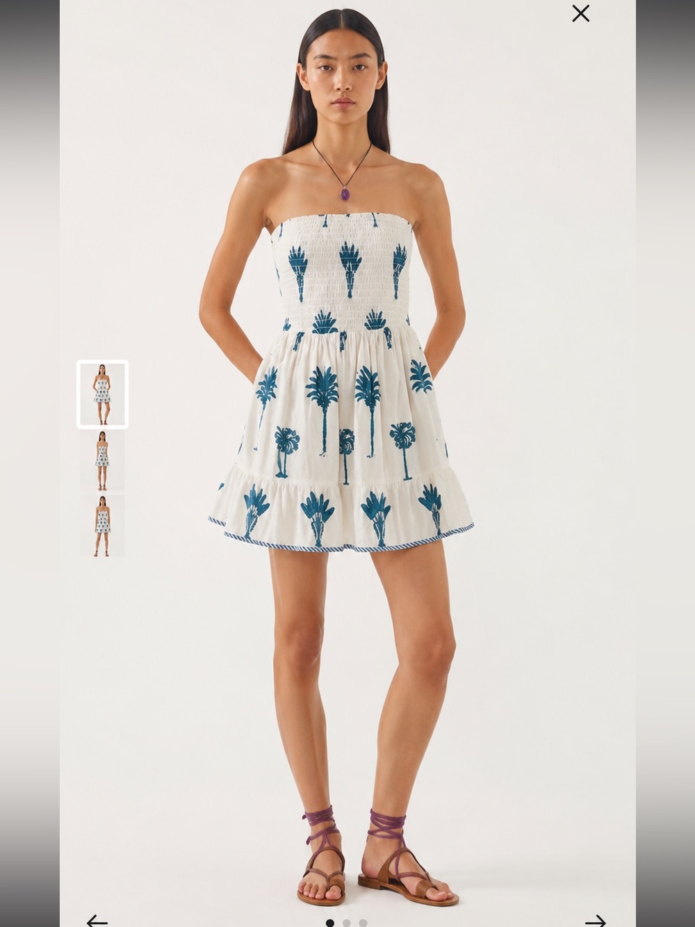 Antik Batik Strapless Smocked Mini Dress Palm Print Cotton Resort XS